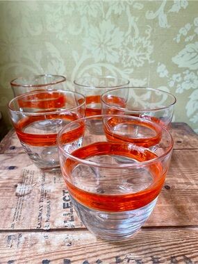Vintage Crate&Barrel Clear Glass Tumblers with Orange Band, Set of 5